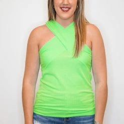 Purple Door Boutique Criss Cross Halter Lime Top