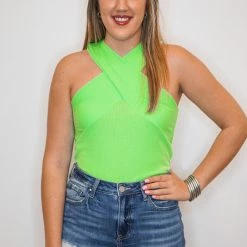 Purple Door Boutique Criss Cross Halter Lime Top