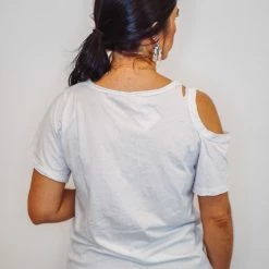 Purple Door Boutique Distressed Perfection White Open Shoulder Tee