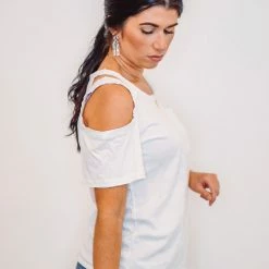 Purple Door Boutique Distressed Perfection White Open Shoulder Tee