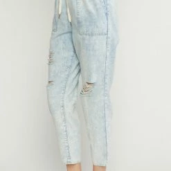 Purple Door Boutique Distressed Denim Light Blue Joggers New Arrivals