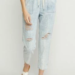 Purple Door Boutique Distressed Denim Light Blue Joggers New Arrivals