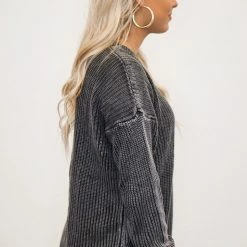 The Purple Door Boutique New Arrivals Mineral Washed Charcoal Distressed Sweater