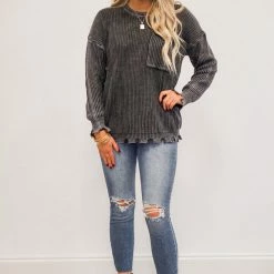 The Purple Door Boutique New Arrivals Mineral Washed Charcoal Distressed Sweater