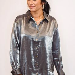 Purple Door Boutique Iridescent Satin Charcoal Top
