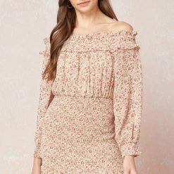 Purple Door Boutique Summer SALE Beautifully Floral Off The Shoulder Smocked Dress