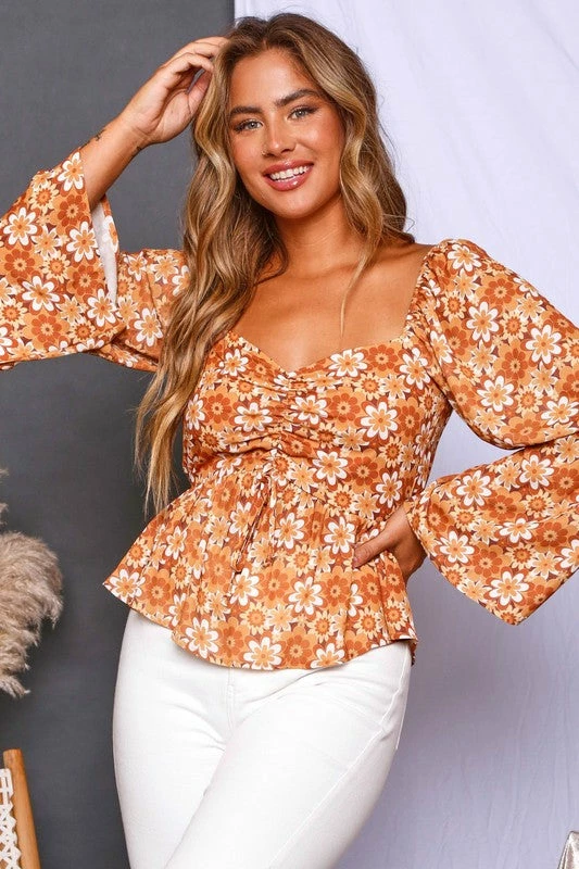 Purple Door Boutique Retro Floral Mustard Peplum Top New Arrivals 2 Purple Door Boutique Retro Floral Mustard Peplum Top New Arrivals