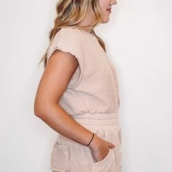 Purple Door Boutique French Terry Romper In Sand New Arrivals