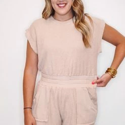 Purple Door Boutique French Terry Romper In Sand New Arrivals
