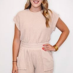 Purple Door Boutique French Terry Romper In Sand New Arrivals