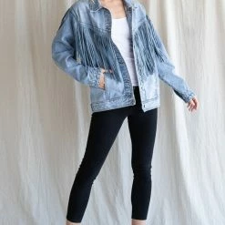 Purple Door Boutique Light Washed Fringe Denim Jacket