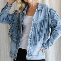 Purple Door Boutique Light Washed Fringe Denim Jacket