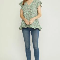 Purple Door Boutique Floral Favorite Green Babydoll Top Summer SALE