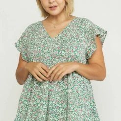 Purple Door Boutique Floral Favorite Green Babydoll Top Summer SALE