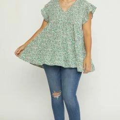 Purple Door Boutique Floral Favorite Green Babydoll Top Summer SALE