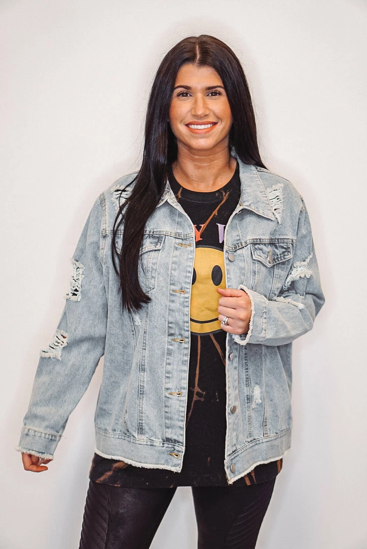 Purple Door Boutique Glory Days Distressed Denim Jacket Ladies' 1 Purple Door Boutique Glory Days Distressed Denim Jacket Ladies'