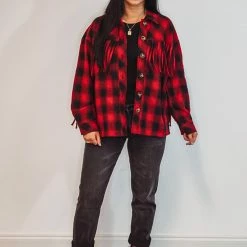Purple Door Boutique Red Buffalo Plaid Fringe Jacket Ladies'