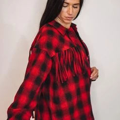 Purple Door Boutique Red Buffalo Plaid Fringe Jacket Ladies'