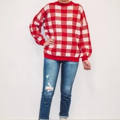 Purple Door Boutique Favorite Plaid Red Boxy Sweater New Arrivals