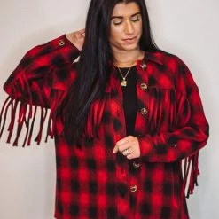 Purple Door Boutique Red Buffalo Plaid Fringe Jacket Ladies'