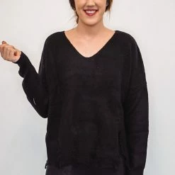 The Purple Door Boutique Distressed Love Black Knit Sweater