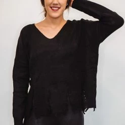 The Purple Door Boutique Distressed Love Black Knit Sweater