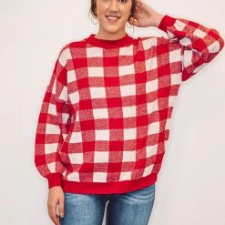 Purple Door Boutique Favorite Plaid Red Boxy Sweater New Arrivals