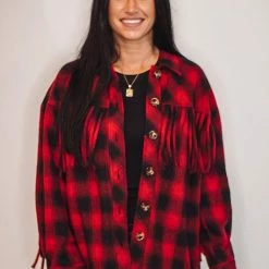 Purple Door Boutique Red Buffalo Plaid Fringe Jacket Ladies'
