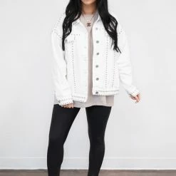 Purple Door Boutique Better With Studs White Denim Jacket Ladies'