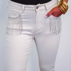 Purple Door Boutique Rhinestone Fringe Ivory Flared Jeans Ladies'