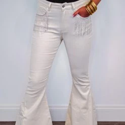 Purple Door Boutique Rhinestone Fringe Ivory Flared Jeans Ladies'