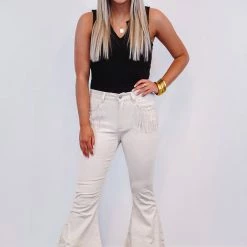 Purple Door Boutique Rhinestone Fringe Ivory Flared Jeans Ladies'