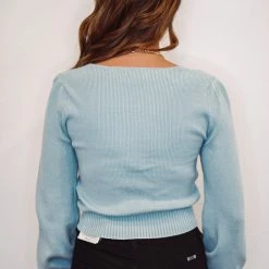 Purple Door Boutique Light Blue Heart Neckline Sweater New Arrivals
