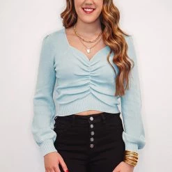 Purple Door Boutique Light Blue Heart Neckline Sweater New Arrivals