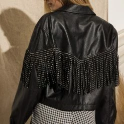 Purple Door Boutique Black Studded Fringe Leather Jacket