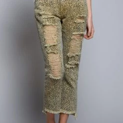 Purple Door Boutique Edgy Mustard Leopard Distressed Boyfriend Jeans Ladies'