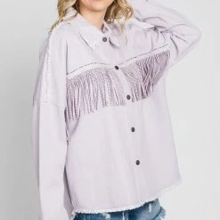 Purple Door Boutique Rhinestone Fringe Lilac Twill Jacket