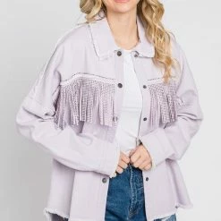 Purple Door Boutique Rhinestone Fringe Lilac Twill Jacket