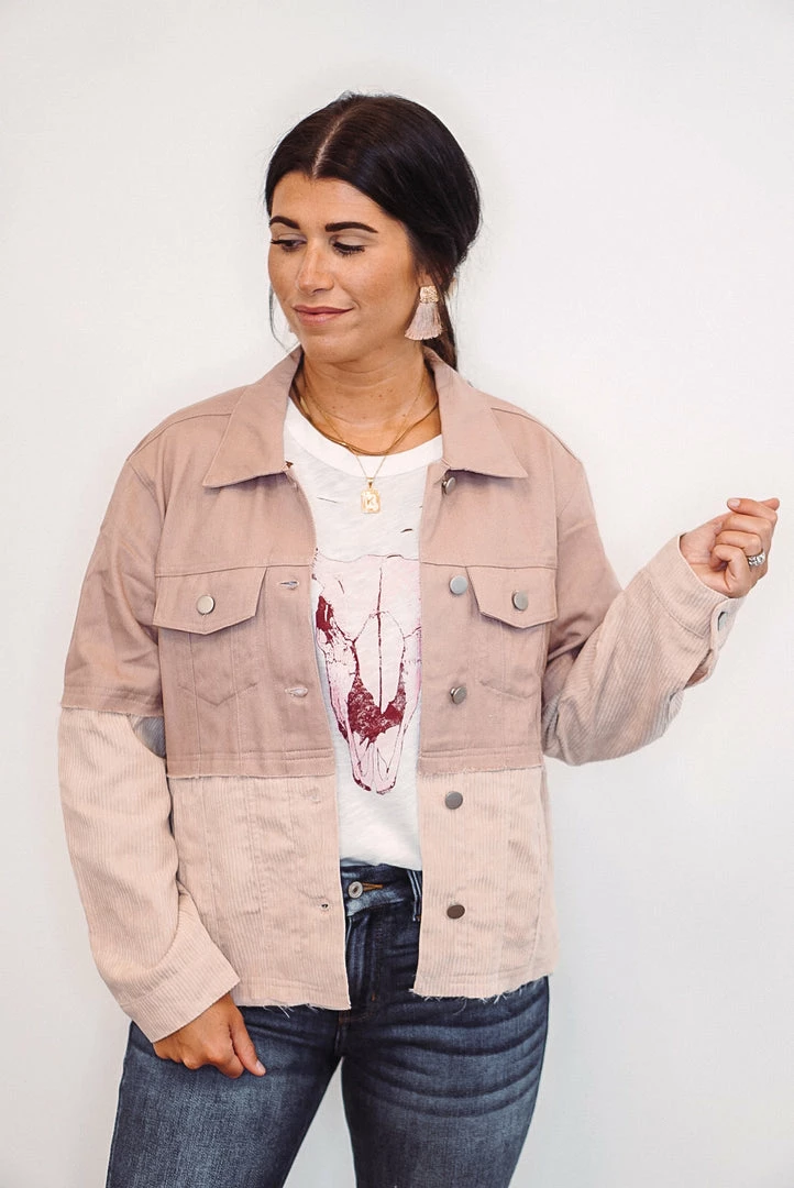 Purple Door Boutique Mauve Denim Colorblock Jacket 1 Purple Door Boutique Mauve Denim Colorblock Jacket