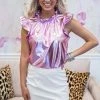 Purple Door Boutique Metallic Nights Pink Pleather Top