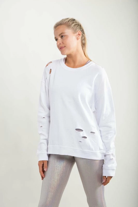 Purple Door Boutique Ladies' Mono B White Distressed Pullover Top 2 Purple Door Boutique Ladies' Mono B White Distressed Pullover Top