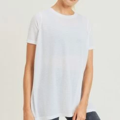 Mono B Athleisure Mono B Striped White Mesh Top
