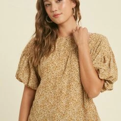 Purple Door Boutique Mustard Floral Puff Sleeve Top Summer SALE