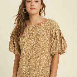 Purple Door Boutique Mustard Floral Puff Sleeve Top Summer SALE