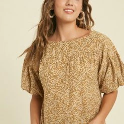 Purple Door Boutique Mustard Floral Puff Sleeve Top Summer SALE