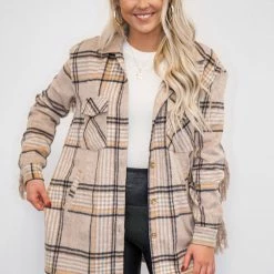 Purple Door Boutique New Arrivals Fringe Life Khaki Plaid Shacket