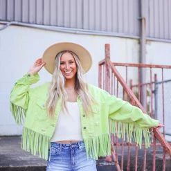 The Purple Door Boutique Fringe Wishes Lime Denim Jacket New Arrivals