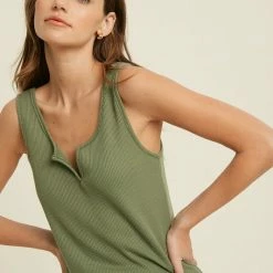 Purple Door Boutique Ladies' Notch Waffle Sage Green Tank Top