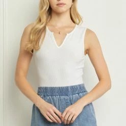 Purple Door Boutique Basic Off White Ribbed Bodysuit