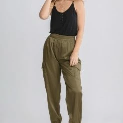 Purple Door Boutique Olive Satin Feel Jogger Pants